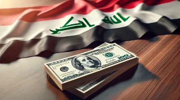DALL·E 2024 11 30 23.57.13 A realistic digital image of a stack of 100 dollar bills placed neatly on a desk. The background features the flag of Iraq with its red white black