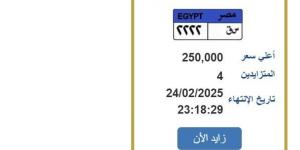 بـ 250 ألف جنيه.. التزايد على لوحة سيارة مميزة ينتهي خلال ساعات - شبكة أطلس سبورت