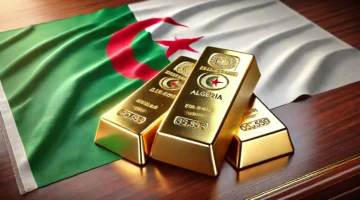 DALL·E 2024 12 02 12.34.01 A realistic digital image of gold bullion bars placed on a wooden desk with the flag of Algeria in the background. The flag displays its green and wh