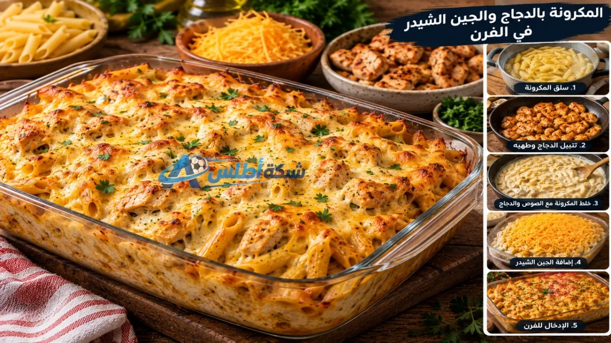طريقة عمل المكرونة بالدجاج والجبنة الشيدر