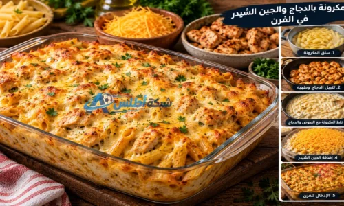 طريقة عمل المكرونة بالدجاج والجبنة الشيدر في الفرن